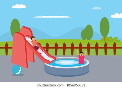 Concepto de vector de tiempo de ocio: Un niño y una niña que nadan juntos mientras disfrutan del tiempo libre en el patio trasero