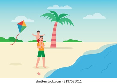 Leisure time vector concept. Father giving piggyback ride to his son on the beach while playing kite together