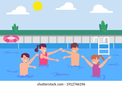 Concepto de vector de tiempo de ocio: Grupo de niños jugando juntos en la piscina mientras disfrutan del tiempo libre 