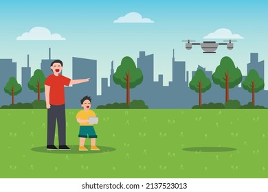 Concepto de vector de tiempo de ocio. Feliz padre y su hijo jugando a un dron en el parque mientras están de pie con el paisaje de la ciudad
