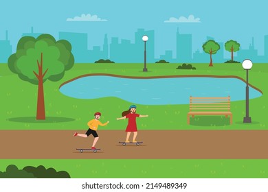 Leisure time vector concept. Happy siblings playing skateboard in the park while enjoying leisure time together