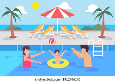 Leisure time vector concept: Little son and young parents swimming together in the pool while enjoying quality time 