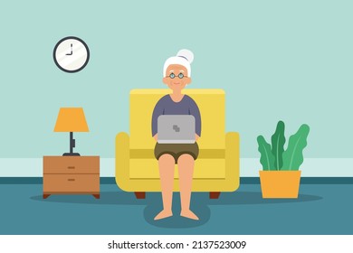 Leisure time vector concept. Old woman enjoying leisure time while using a laptop computer on the sofa