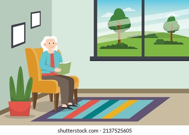 Concepto de vector de tiempo de ocio. Mujer mayor disfrutando del tiempo libre mientras lee el libro en el sillón cerca de la ventana en casa