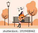 Leisure time vector concept: Young woman playing guitar in the park while enjoying leisure time 
