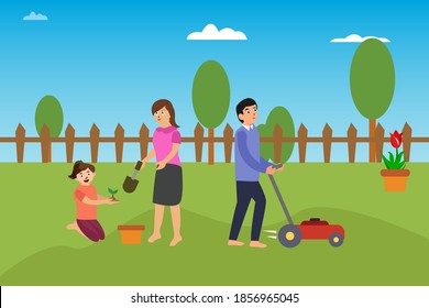 Leisure time vector concept: Young parents and little girl gardening at the backyard while enjoying leisure time