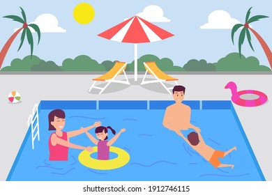 Freizeit-Vektorkonzept: Kleine Eltern und Kinder, die im Pool schwimmen und dabei die Qualität der Zeit genießen 