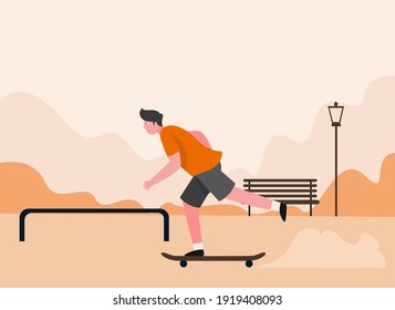 Leisure time vector concept: Young man playing skateboard in the park while enjoying leisure time