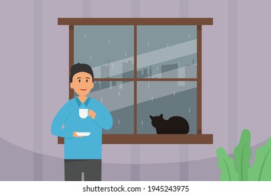 Leisure time vector concept: Young man drinking a cup of tea at home with raining season outside the window