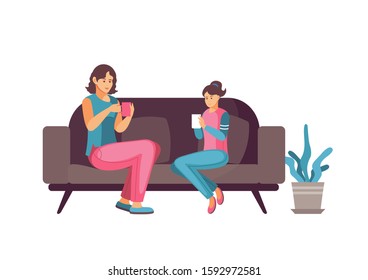 Leisure together mother and daughter. Mother, children spending time together. Family mom, daughter cosy sitting on the couch, talking, holding cup tea, drinking coffee together house cartoon vector