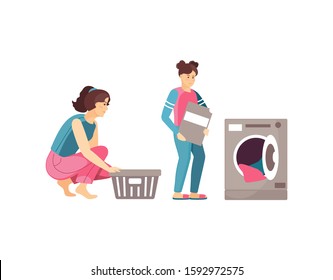 Leisure together mother and daughter. Family doing housework, daughter helping mom with home cleaning. Housewife woman carrying dirty clothes for washing in the washing machine cartoon vector