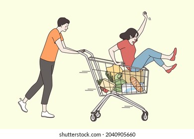 Leisure, vacation and having fun concept. Young happy couple cartoon characters fooling having fun together in supermarket trolley feeling playful excited vector illustration 