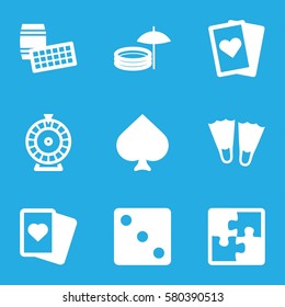 leisure vector icons. Set of 9 leisure filled icons such as Spades, Dice, Roulette, puzzle, inflatable pool and umbrella, playing card, flippers