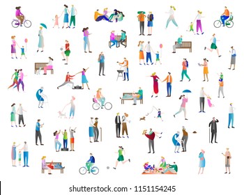 Leisure vector illustration icon collection set. Family enjoy holiday, summer, outdoors and picnic. Young person in vacation and relax. Kid playing with dog and balloons. Happy woman ride on bicycle.