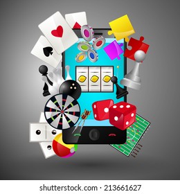 Leisure Video Sport And Gambling Casino Games Icons With Mobile Phone Concept Vector Illustration