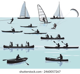 Leisure water sports, sea coast, illustration