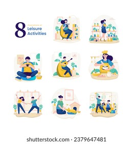 Leisure weekend routine indoor activities illustration set