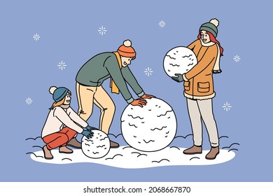 Actividades de ocio en invierno para el concepto familiar. Familia feliz con su hija usando ropa de abrigo rodando bolas de nieve divirtiéndose juntos ilustración vectorial 