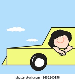 Leisurely Girl Sitting On Travel Car And Face To Camera Happily Enjoying Road With Space Copy Above Concept Card Character illustration