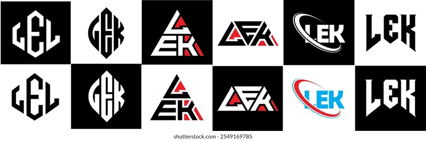 LEK letter logo design in six style. LEK polygon, circle, triangle, hexagon, flat and simple style with black and white color variation letter logo set in one artboard. LEK minimalist and classic logo