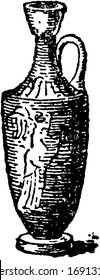 Lekythos used for storing oil,  It has a narrow body and one handle attached to the neck of the vessel, vintage line drawing or engraving illustration.