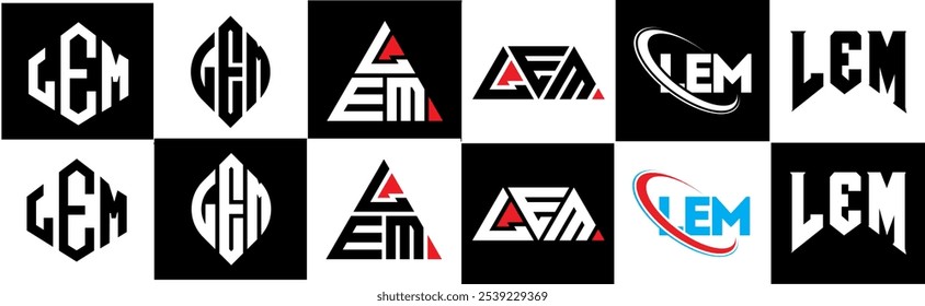 Diseño del logotipo de la letra del LEM en seis estilos. LEM polígono, círculo, triángulo, hexágono, estilo plano y simple con logo de letra de variación de color blanco y negro en una mesa de trabajo. Logotipo minimalista y clásico de LEM