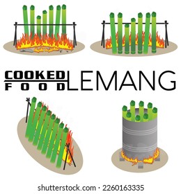 vector lemang (arroz glutinoso en bambú cocido con leña) y lemang tong (arroz glutinoso en bambú cocido en un barril de hierro con fuego). Comida tradicional para Eid Mubarak.