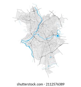 LeMans, Sarthe, France high resolution vector map with city boundaries and editable paths. White outlines for main roads. Many detailed paths. Blue shapes and lines for water.