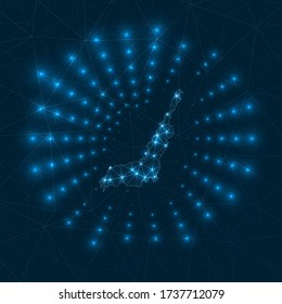 Lembeh digital map. Glowing rays radiating from the island. Network connections and telecommunication design. Vector illustration.