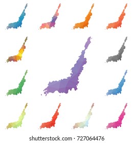 Lembeh geometric polygonal, mosaic style island maps collection. Bright abstract tessellation, low poly style, modern design. Lembeh polygonal maps for your infographics or presentation.