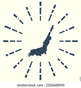 Lembeh Logo. Grunge sunburst poster with map of the island. Shape of Lembeh filled with hex digits with sunburst rays around. Amazing vector illustration.