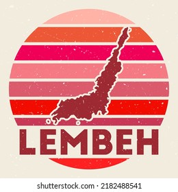 Lembeh logo. Sign with the map of the island and colored stripes, vector illustration. Can be used as insignia, logotype, label, sticker or badge of Lembeh.