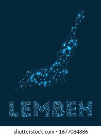 Lembeh network map. Abstract geometric map of the island. Internet connections and telecommunication design. Radiant vector illustration.