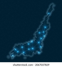 Lembeh network map. Abstract geometric map of the island. Digital connections and telecommunication design. Glowing internet network. Amazing vector illustration.