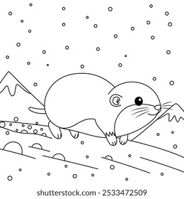 Lemming scampering across a snowy plain outline coloring page. Christmas and Winter Animal Illustration