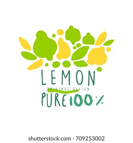 Lemon 100 percent logo template original design, colorful hand drawn vector Illustration