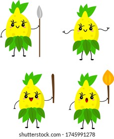 lemon aboriginal cartoon characters set with various tools and weapons cute tropical fruits smiling on a white background food and vitamins concept