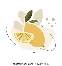 Lemon abstract composition with leaves and abstract shapes isolated on white background. Trendy vector concept.