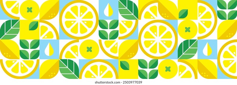 Lemon abstract geometric background. Bauhaus trendy minimalist design. Modern seamless pattern with fruit and leaves. Summer botanical illustration. Set of icons in flat style. Vector template.