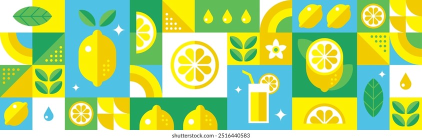 Lemon abstract geometric background. Modern seamless pattern with citrus fruits, leaves and fresh drinks.Summer botanical vector illustration. Bauhaus design.Set of icons in simple flat style. 