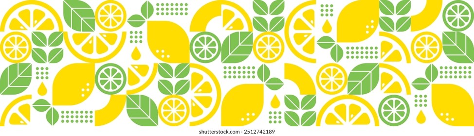 Abstrakter geometrischer Hintergrund aus Zitrone.Bauhaus trendy minimalistisches Design.Modernes, nahtloses Vektormuster mit Zitrusfrüchten und Blättern.Botanische Sommer-Illustration.Satz von Symbolen im einfachen flachen Stil.