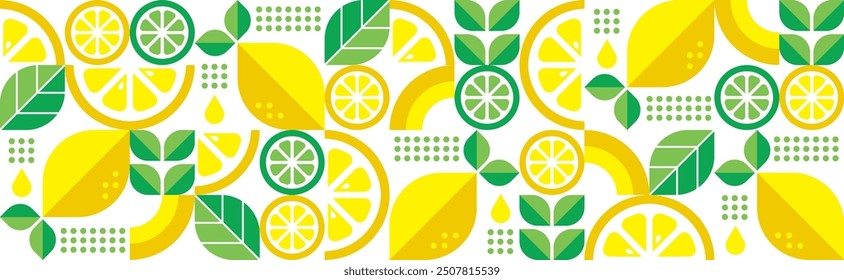 Fondo geométrico abstracto de limón. Ilustración vectorial botánica de verano. Comida orgánica. Diseño minimalista de moda Bauhaus. Patrón moderno sin fisuras con frutas cítricas y hojas. Conjunto de iconos en estilo plano.