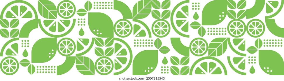 Fondo geométrico abstracto de limón. Ilustración vectorial botánica de verano. Comida orgánica. Diseño minimalista monocromo. Patrón moderno sin fisuras con frutas cítricas y hojas. Conjunto de iconos en estilo plano.