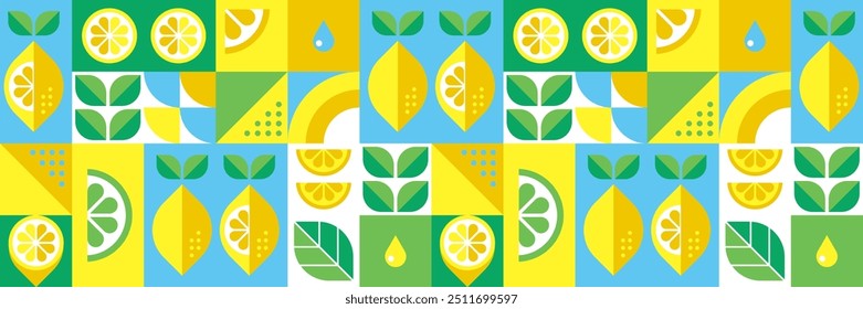 Fondo geométrico abstracto de limón. Ilustración vectorial botánica de verano. Sabor a cítricos. Comida orgánica. Diseño Bauhaus. Patrón moderno sin fisuras con frutas y hojas. Conjunto de iconos en estilo plano.