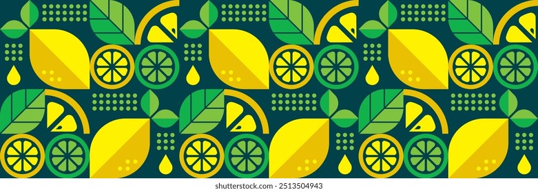 Fondo geométrico abstracto de limón. Ilustración vectorial botánica de verano. Sabor a cítricos. Comida orgánica. Diseño Bauhaus. Patrón moderno sin fisuras con frutas y hojas. Conjunto de iconos en estilo plano.