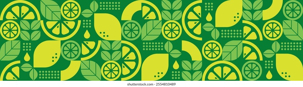 Lemon abstract geometric background.Summer botanical vector illustration.Citrus flavor.Organic food.Bauhaus design.Modern seamless pattern with fruits and leaves.Set of icons in flat style.