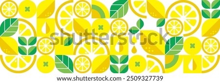 Lemon abstract geometric background.Summer botanical vector illustration.Organic food.Bauhaus trendy minimalist design.Modern seamless pattern with citrus fruits and leaves.Set of icons in flat style.