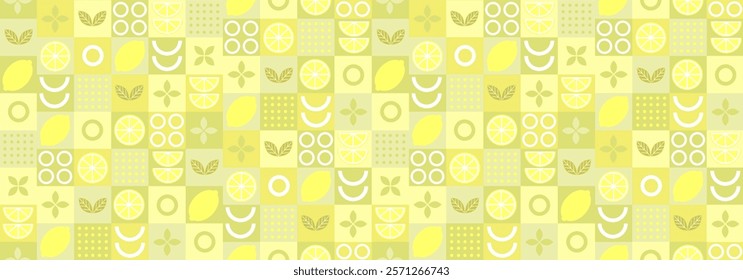 Lemon abstract geometric pattern in bauhaus and minimalism style. Natural organic shapes of plants and berries, eco farming. Designer fabric, card, wrapping paper, cover.
