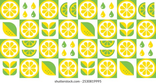 Lemon abstract geometric seamless pattern. Modern background with citrus fruits and leaves.Summer botanical vector illustration. Set of icons in simple flat style. 