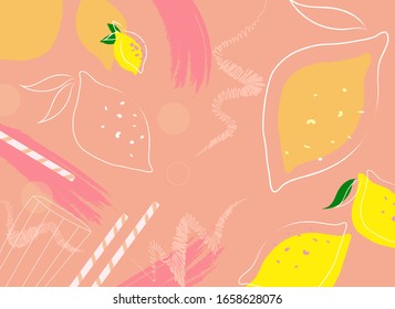 Lemon abstract hand drawing pink background. Banner for a bar / cocktail / milk shake poster. Illustration of a drink for menu or packaging design